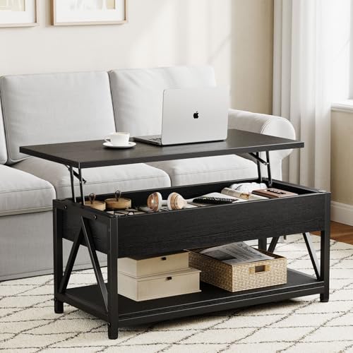 Memobarco Lift Top Coffee Table,Lift Coffee Table with Storage Shelf and Large Hidden Compartment for Living Room,Lifting top Coffee Table for Small Space,Black - WoodArtSupply