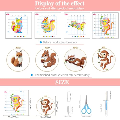 Zhenqing 4 Forest Animal Cross Stitch Kit for Beginners, 11CT Printed White Cotton Fabric 20x20cm with Hoop, Fox, Monkey, Squirrel, Raccoon Designs, Complete Embroidery Supplies(70749)