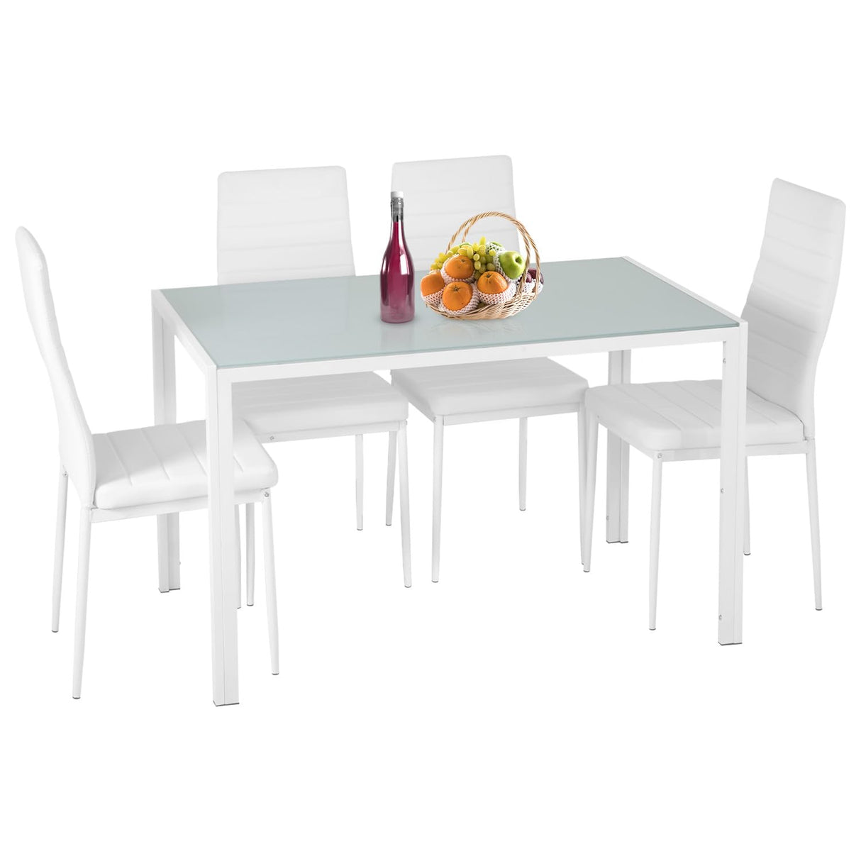 FDW | 5-Piece Dining Table Set | White | Glass Kitchen Table with 4 Upholstered Chairs and Faux Leather Cushions | Space-Saving and Modern Design | for Dining Room, Easy to Assemble FDW