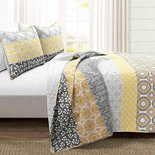 Lush Decor Bohemian Stripe Reversible Cotton Quilt Set, 3 Piece Set, Full/ Queen, Yellow & Gray - Striped Bedding Set - Yellow Quilts Queen Size - Boho Decor Lush Decor
