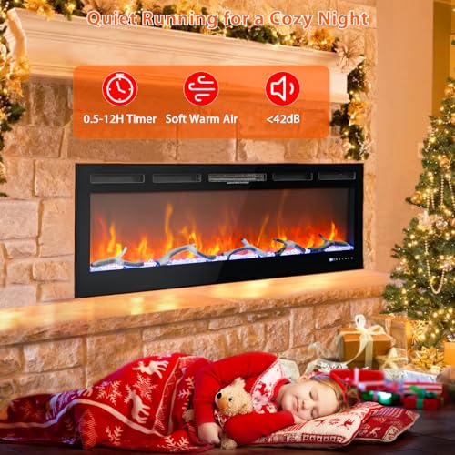 72 in Electric Fireplace, Recessed/Wall Mounted Linear Fireplace with WiFi & Remote Control, Multicolor Flame Effect, 750W/1500W Heating, Includes Log & Crystal Decor, Black Garvee