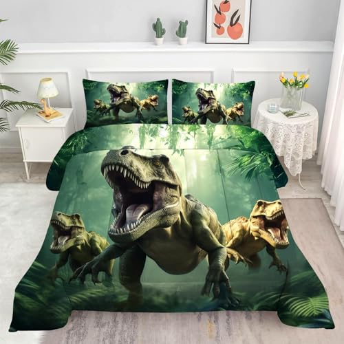 VTKON Kids Dino Comforter Set Twin Size for Boys Green Dinosaur Quilt Set Soft Microfiber Dino Bed Set for All Season Use Dinosaur Bedding Set with 1 Comforter + 1 Pillowcase VTKON