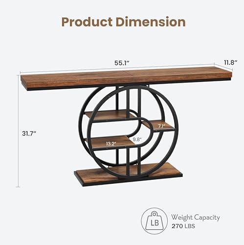 55" Industrial Narrow Entryway Table with 5-Tier Storage - Heavy-Duty o-Shaped Metal Frame Console Table for Hallway, Living Room & Couch Behind, Space-Saving Long Entrance Table for Small Spaces IDEALHOUSE