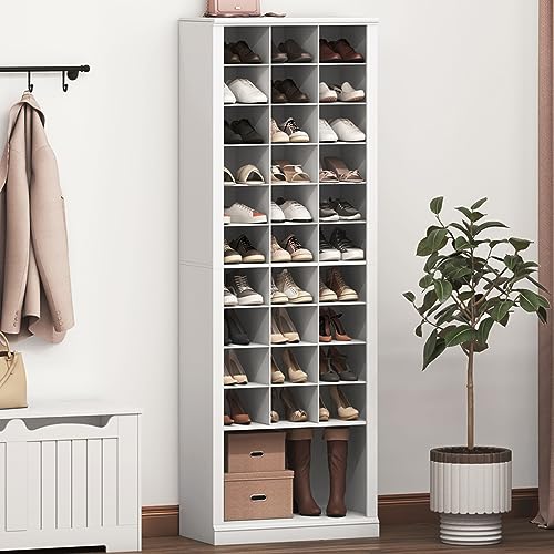 Hzuaneri 11 Tiers Shoe Storage Cabinet, Tall Shoes Cabinet with Cubby, Freestanding Wooden Shoe Organizer, 30-33 Pairs, Shoes Cubby Organizer for Entryway, Bedroom, White 02001BSR Hzuaneri