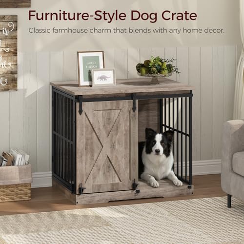 MAHNACRIS 31.5" Farmhouse Dog Crate Furniture with Barn Door, Heavy Duty Dog Kennel for Small Medium Dogs, Wooden Dog Cage End Table, Decorative Pet House, Chew Resistant, Greige DCHG8001 MAHANCRIS