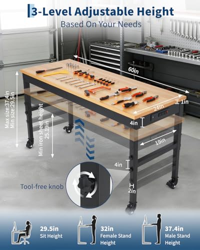 60" Adjustable Height Workbench with Lockable Wheels, Built-in Outlets & Heavy Duty Rubberwood Top, 2500 LB Capacity Work Bench, Garage Work Table for Workshop, Repair Shop, Home, Office EliteEdge