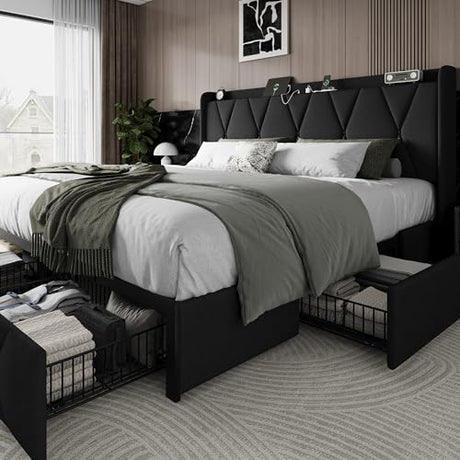 Einhomn King Size Bed Frame with 4 Storage Drawers and Charging Station, Upholstered Platform Bed Frame with Storage Headboard, No Box Spring Needed, Easy Assembly, Black Einhomn