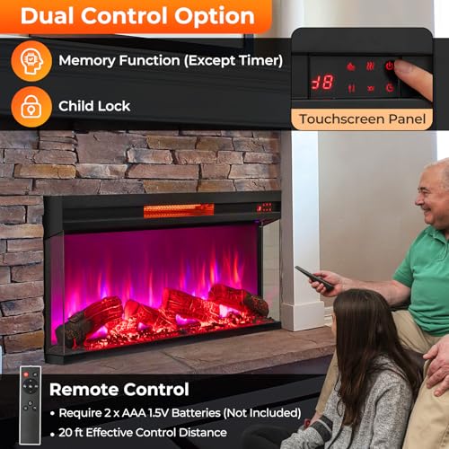SIMOE 36 Inch 3 Side Glass Electric Fireplace, Recessed Fireplace Insert with Remote Control, 8-Color Flame, Adjustable Brightness, Freestanding Fireplace w/ 9H Timer, Thermostat, Overheat Protection SIMOE