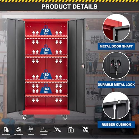 Fesbos Metal Rolling Storage Cabinet-74.6” Tall Steel File Cabinets with Wheels Lockable Doors and Adjustable Shelves-Black & Red Steel Storage Cabinet for Home, School, Office, Garage Fesbos