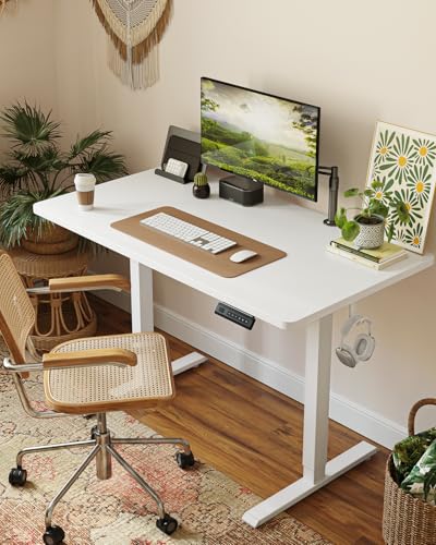 CubiCubi 55 x 24 Large One-Piece Standing Desk, Adjustable Height Electric Computer Home Office Sit Stand up Workstation, with 4 Memory Presets, Headphone Hook, White CubiCubi