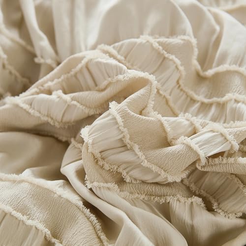Beige Comforter Set Full Size 7 Pieces, Boho Tufted Ruffle Bed in a Bag, Seersucker Textured Bedding Set for Girls 90"×78" WONGS BEDDING