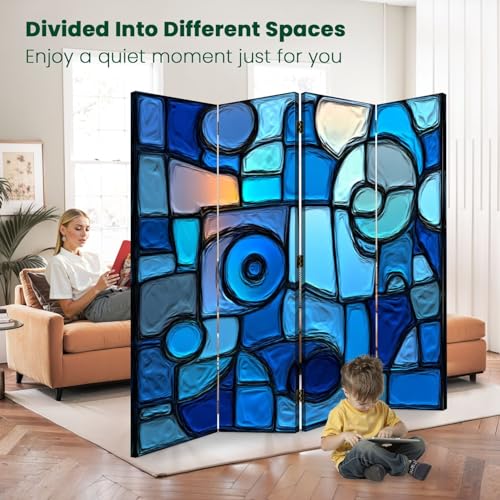 4 Panels Folding Screen Room Divider Abstract Stained Glass Mosaic Blue Spirals Canvas Screen Room Separator Freestanding Protective Decorative Divider Privacy Partition VETEB