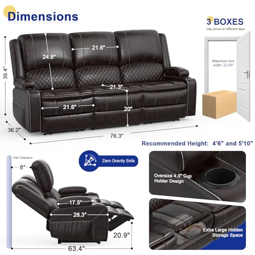MOSGAT 2026 Upgraded Recliner Sofa 3 Seater Couch with Recliner, Home Theater Seating with Liftable Console & Removable Armrest, Manual PU Leather Sofa Reclining with Storage & USB Ports (PU,Brown)