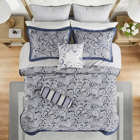 Madison Park Aubrey Cozy Comforter Set, Faux Silk Jacquard Paisley Design - All Season Down Alternative Bedding with Cotton Bed Sheets, Bed Skirt & Toss Pillows, King Navy 12 Piece Madison Park