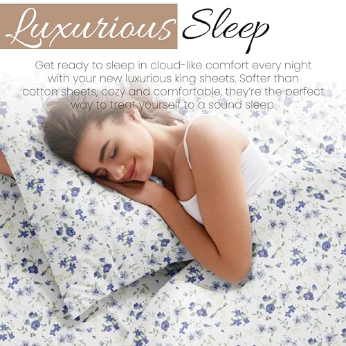 Linen Market 4 Piece King Sheet Set - Breathable, Double-Brushed Patterned Cooling Sheets – Oeko-TEX Certified Ultra Soft & Wrinkle-Free 16" Deep-Pocket King Sheets - Easy Care Blossoms Light Blue Linen Market