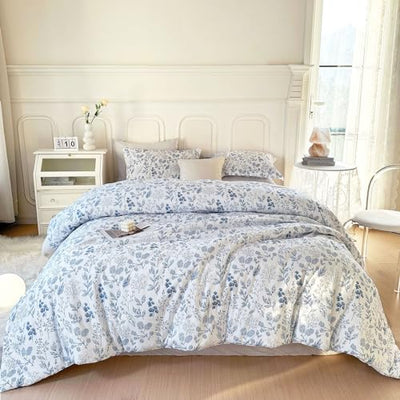 EAVD Queen Comforter Set White and Blue Floral Bedding Set for Women Soft Microfiber 3-Piece Vintage Garden Floral Comforter Set with 2 Pillowcases Botanical Bedding Set for All-Season