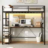 HOOBRO Twin Size Loft Bed with Ladder and Guardrail, Metal Bunk Bed with Desk, LED Lights and Charging Station for Teens, Adults, Space Saving, No Box Spring Needed, Black and Rustic Brown HOOBRO
