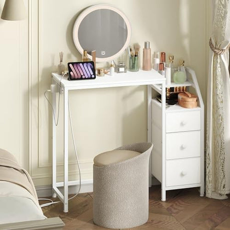 YATINEY Small Vanity Desk Without Mirror, Makeup Vanity Table with Power Outlet, White Vanity with Fabric Drawers, Dressing Table, for Small Spaces, Bedroom, White YATINEY