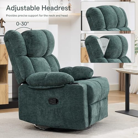 Coziture Swivel Rocker Recliner,Rocking Reclining Chair with Adjustable Headrest for Adults,Upholstered Fabric Swivel Recliner Chair for Bedroom,Living Room,Green Coziture