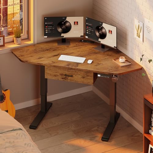 SEDETA Corner Electric Standing Desk, 32'' Small Height Adjustable Computer Desk with Drawer for Gaming, Small Space, Stand up Home Office Writing Desk, Rustic Brown SEDETA