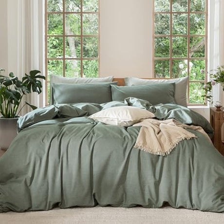 MooMee Bedding Duvet Cover Set 100% Washed Cotton Linen Like Textured Breathable Durable Soft Comfy (Heathered Green, King 104"x90") MooMee