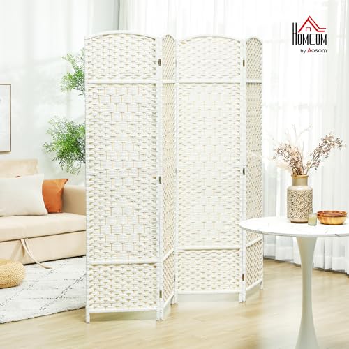 HOMCOM 4 Panel Room Divider, 6' Tall Folding Privacy Screen, Woven Freestanding Wall Partition for Home Office, Bedroom, White HOMCOM