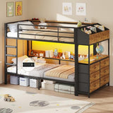 DICTAC Twin Over Twin Bunk Bed with 6 Storage Drawers,Led Lights and Charging Station Metal Bunk Beds with Side Bookcase,3 Storage Boxes &Shelf,L-Shaped bunk Bed with Safety Guardrail and Ladder,Black DICTAC