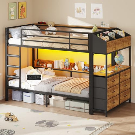 DICTAC Twin Over Twin Bunk Bed with 6 Storage Drawers,Led Lights and Charging Station Metal Bunk Beds with Side Bookcase,3 Storage Boxes &Shelf,L-Shaped bunk Bed with Safety Guardrail and Ladder,Black DICTAC