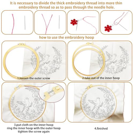 BEUNITONE 4 Set Embroidery Kit for Beginners, Wreath and Bird Cross Stitch Kits, Needlepoint Kits for Adults with Instructions and Full Kit, Elegant Hand Embroidery Patterns for Cloth and Home Decor BEUNITONE