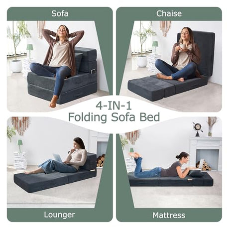 HILERO Folding Sofa Bed, 4 in 1 Convertible Sleeper Chair with Pillow, Single Memory Foam Fold Out Chair Bed, Modern Floor Futon Sofa Couch Mattress for Living Room/Guest/Apartment, Dark Grey HILERO