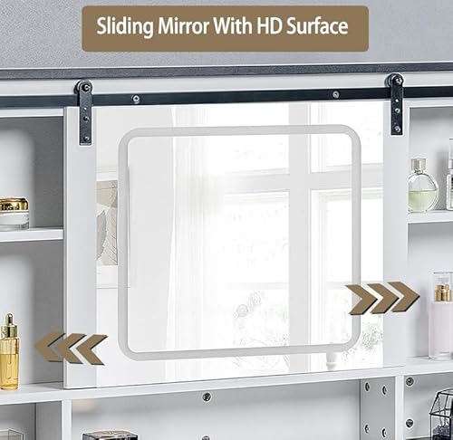 Hoyiestp Vanity with Sliding Barn Mirror, Glass Top Makeup Desk with Outlet & Charging Station, 3-Color Lights, 7 Drawers & Shelves for Bedroom, Modern Adjustable Storage Dresser Table Hoyiestp