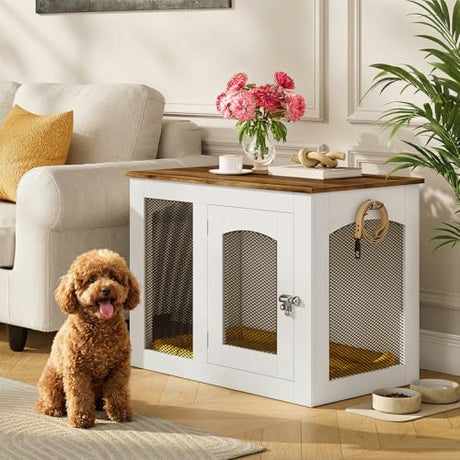 CHOEZON Wooden 30.1" Dog Crate Furniture, Farmhouse Pet Cage End Table with Secure Lock, Ventilated Mesh for Medium Dogs, Dog Kennel Furniture for Living Room, Bedroom, White and Walnut MGW02WL CHOEZON