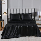 Herside Black Satin Comforter Set 7 Pieces King Size Bed in a Bag Luxurious Satin Bedding Set with Comforter Pillowcases and Sheets Sets Mini Pompoms Design Super Soft Silky Bed Set for All Seasons Herside