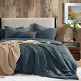 Geniospin Queen Comforter Set - 7 Pieces Comforter Queen Size, Soft Solid Bedding Set for All Season, Textured Bed in a Bag with Sheets, Pillowcases & Shams (Navy Blue, 90''x90'') Geniospin