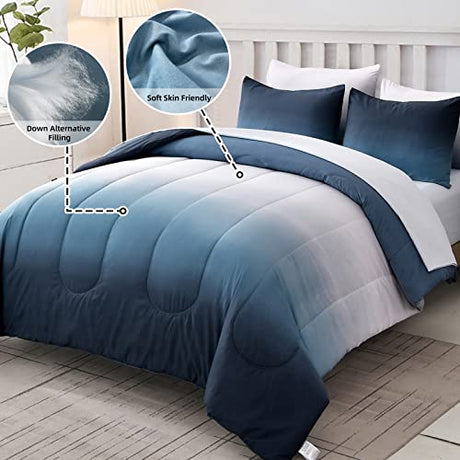 Anibedding Blue Comforter Set Queen - 7 Pieces Ombre Blue White Microfiber Bedding Set - All Season Down Alternative Light Ocean Sea Abstract Bed in a Bag for All Season (90" x90") Anibedding