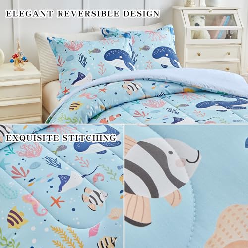 Joyreap 3pcs Cotton Twin Size Comforter Set for Kids, World of The Sea Theme Blue Design, Soft n Cozy Bedding Comforter for All Season- 68x88 inches Joyreap