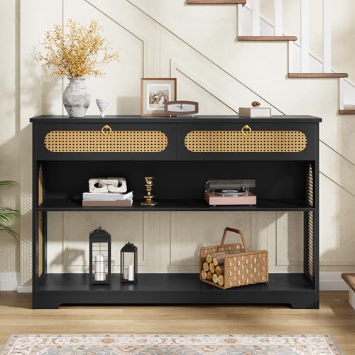 Hoctieon Rattan Console Table with 2 Drawers, 3-Tier Boho Woven Entryway Table with Back Panel and Open Storage Shelf, 40" Wood Narrow Long Sofa Tables for Hallway, Foyer, Living Room, Black Hoctieon