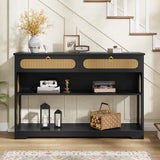 Hoctieon Rattan Console Table with 2 Drawers, 3-Tier Boho Woven Entryway Table with Back Panel and Open Storage Shelf, 40" Wood Narrow Long Sofa Tables for Hallway, Foyer, Living Room, Black Hoctieon