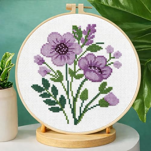 Zhenqing Purple Floral Bouquet Cross Stitch Kit for Beginners - 11CT 24x24cm Pre-Printed Pattern with Embroidery Hoop, Threads & Tools(70523)