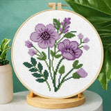 Zhenqing Purple Floral Bouquet Cross Stitch Kit for Beginners - 11CT 24x24cm Pre-Printed Pattern with Embroidery Hoop, Threads & Tools(70523)