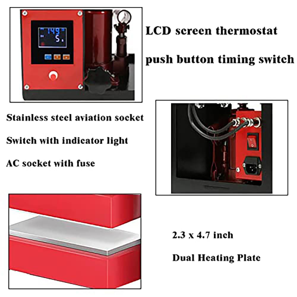 D9A91 5 Ton Portable Hydraulic Heat Press Machine 2.3 x 4.7 Inch Dual Heating Plate, red/black D9A91