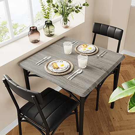 Amyove Modern Rustic Gray Square Dining Set, 29.2' L x W 30.1' H Table, 33.7' 18.4' 17' Chairs, 2 Person, Metal & MDF, Easy Assembly, Space-Saving Amyove