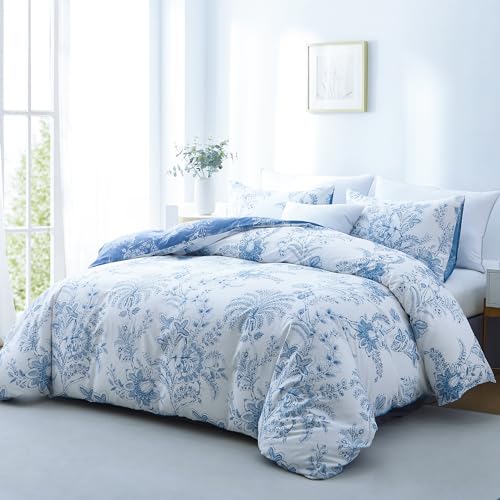 BOLINLIVING Floral Duvet Cover Queen Size 3 Pieces, Flower Duvet Cover with 2 Pillow Shams, Soft Floral Bedding Set White and Blue for All Season, Breathable, Zipper Closure… BOLINLIVING