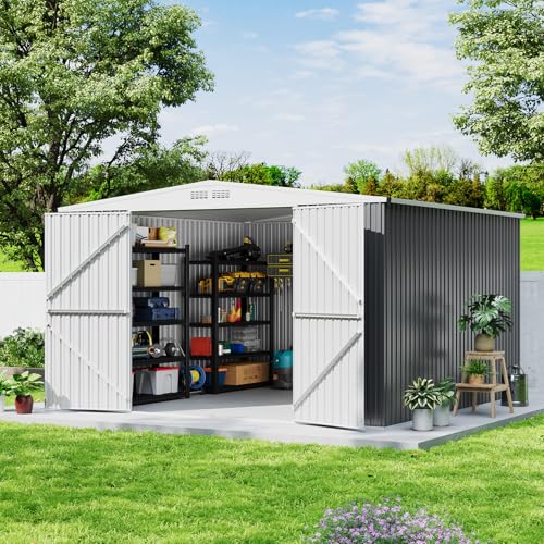 GarveeLife 10x10 Shed for Outdoor Storage, Galvanized Steel Metal Tool Sheds House with Lockable Doors, Lock & Air Vent, Large Utility Sheds for Patio Garden Lawn - WoodArtSupply