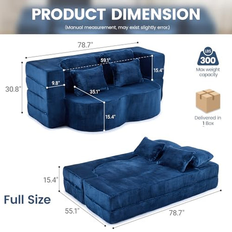 Orynveela Convertible Folding Sofa Bed, 78” Full Size Floor Sleeper Couch, Chenille Full Foam Futon Loveseat for Living Room Bedroom, No Assembly Required (Deep Blue) Orynveela