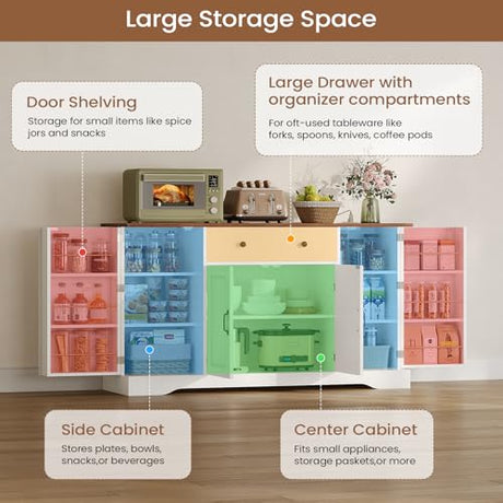 Brinlawb Buffet Cabinet with Storage & Charging Station, 53" Farmhouse Coffee Cabinet with Compartment Drawer, Sideboard Cabinets with Door and Adjustable Shelves for Kitchen, White Brinlawb