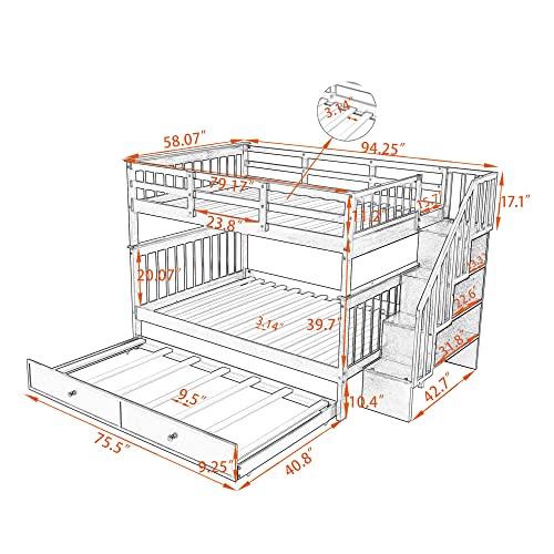 MERITLINE Wooden Bunk Bed Frame, Full Over Full Bunk Bed with Trundle, Bunk Beds with Stairs Full Size, Trundle Bunk Beds, Convertible Bunk Bed for Kids(White)