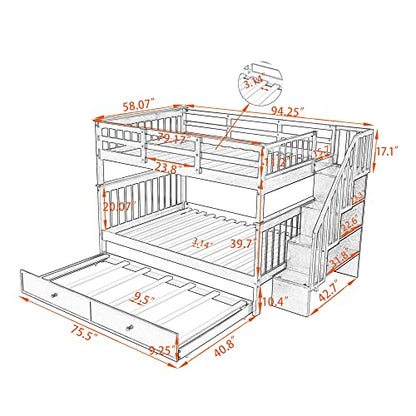 MERITLINE Wooden Bunk Bed Frame, Full Over Full Bunk Bed with Trundle, Bunk Beds with Stairs Full Size, Trundle Bunk Beds, Convertible Bunk Bed for Kids(White)