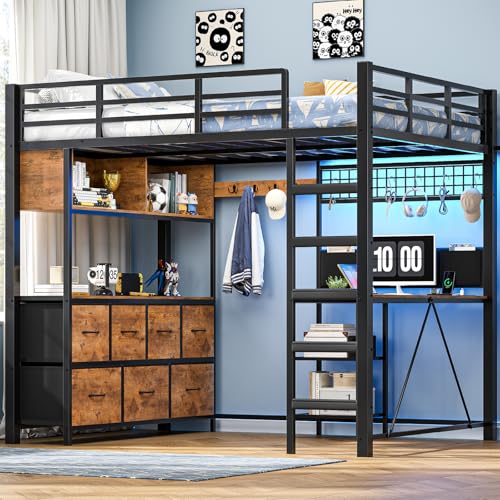 MSmask Full Size Loft Bed with 7 Storage Drawers, Large 2-Cube Bookshelf, L Desk & Charging Station, Metal Loft Bed with LED Lights & Open Shelf, Bed with Safety Guardrail & Ladders, Rustic Brown MSmask