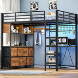MSmask Full Size Loft Bed with 7 Storage Drawers, Large 2-Cube Bookshelf, L Desk & Charging Station, Metal Loft Bed with LED Lights & Open Shelf, Bed with Safety Guardrail & Ladders, Rustic Brown MSmask